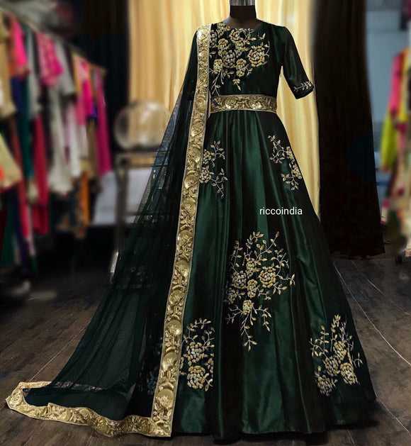 Green raw silk belt Anarkali gown
