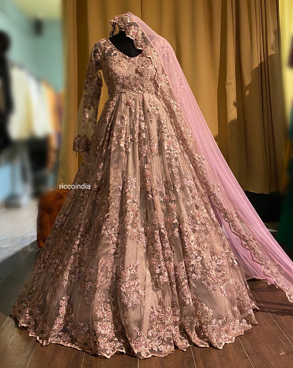 Pink And Cream Color Pure Silk Pearl & Kundan Work Long Dress –  AmithiFashions