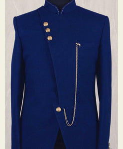 Blue indowestern bandhgala with long chain brooch