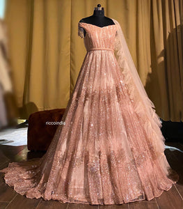 Rose gold train gown with drill dupatta