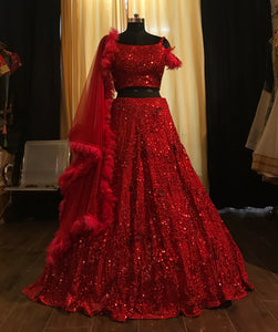Red sequins work lehenga with feather detail