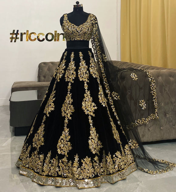 Black suede dori work lehenga