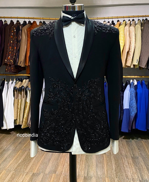 Black beaded tuxedo blazer set