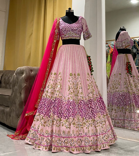 Pink lehenga with mirrorwork and colorful beading