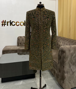 Couture sherwani in suede with intricate beadwork