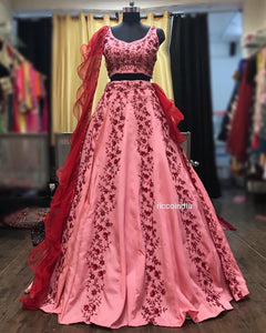 Pink Lehenga with red beads embroidery and red grill dupatta