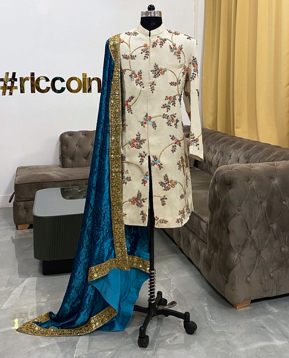 Ivory Groom sherwani with turquoise shawl
