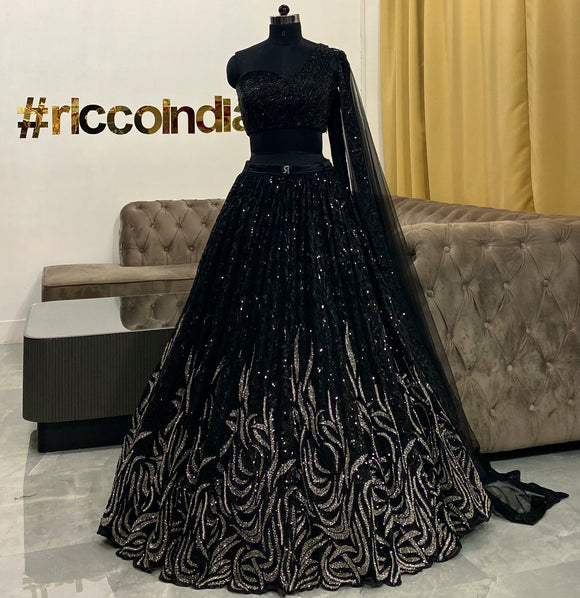Black sequins and beadwork lehenga with Ricco Belt