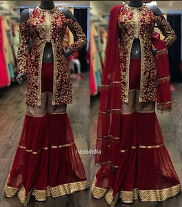Maroon front open sharara with fringe detail dupatta