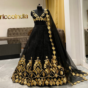 Black organza lehenga with leather work