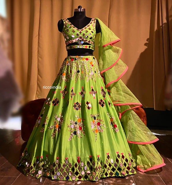 Neon green lehenga with mirrors and colorful sequins work – Ricco India