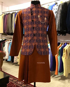 Brown draped kurta with angrakha waistcoat
