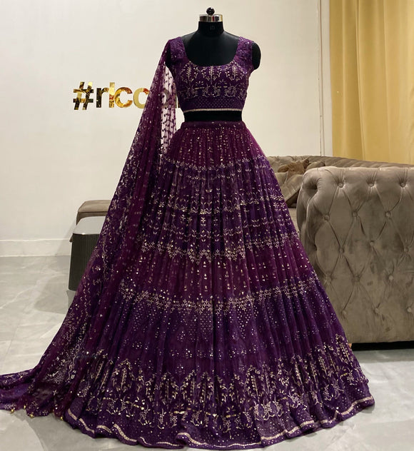 Plum chikkankari Lehenga