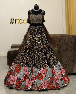 Brown velvet Lehenga with beaded shoulder capes