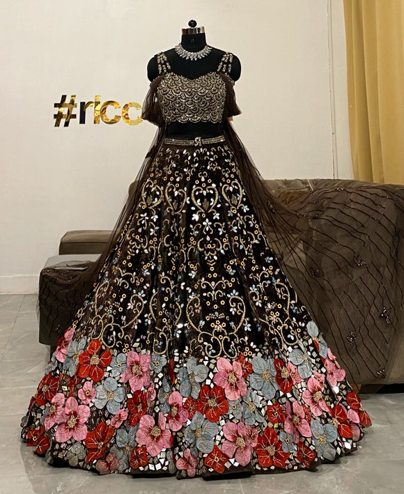 Brown velvet Lehenga with beaded shoulder capes