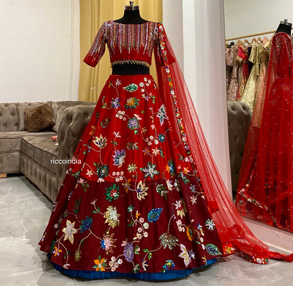Red ombré colourful embroidery lehenga