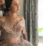 Custom Cocktail gown in grey with peach and aqua intricate embroidery