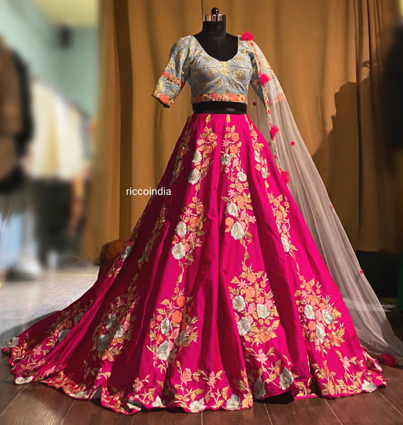 Pink train lehenga with floral resham embroidery