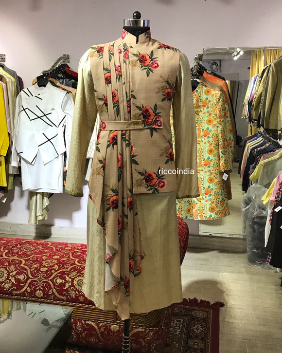 Floral draped waist coat with kurta pyjama