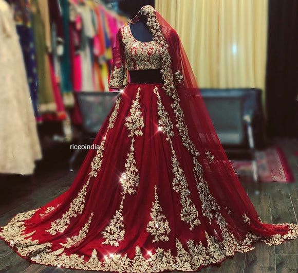 Maroon bridal Lehenga with train skirt and cut work dupatta