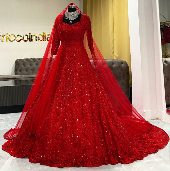 Red beaded train gown with double dupatta