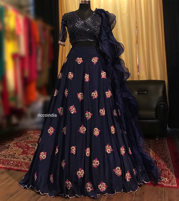 Navy blue crepe Lehenga with beadwork floral embroidery and beaded blouse