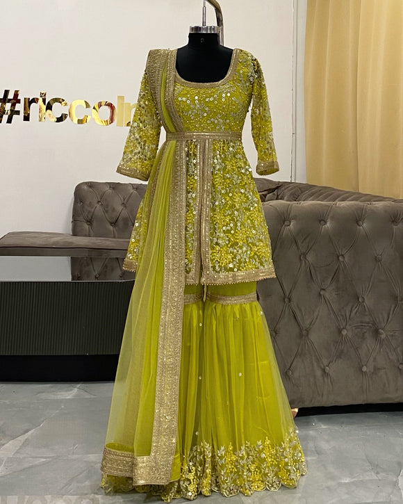 Neon green sequins work sharara with belt