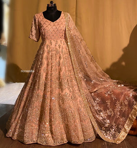 Peach Anarkali gown with Swarovski embroidery