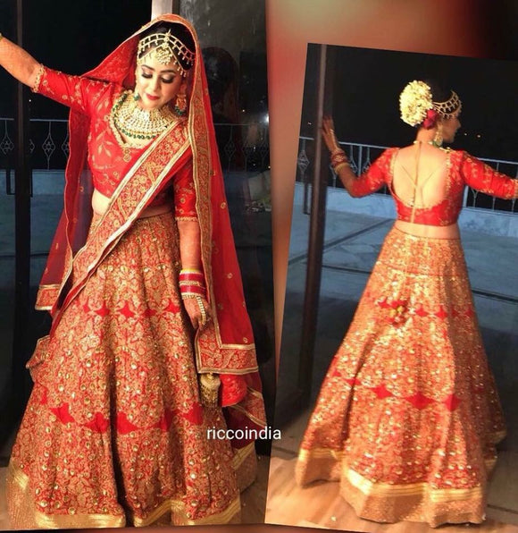 Red sequin and bead work bridal Lehenga with two dupattas