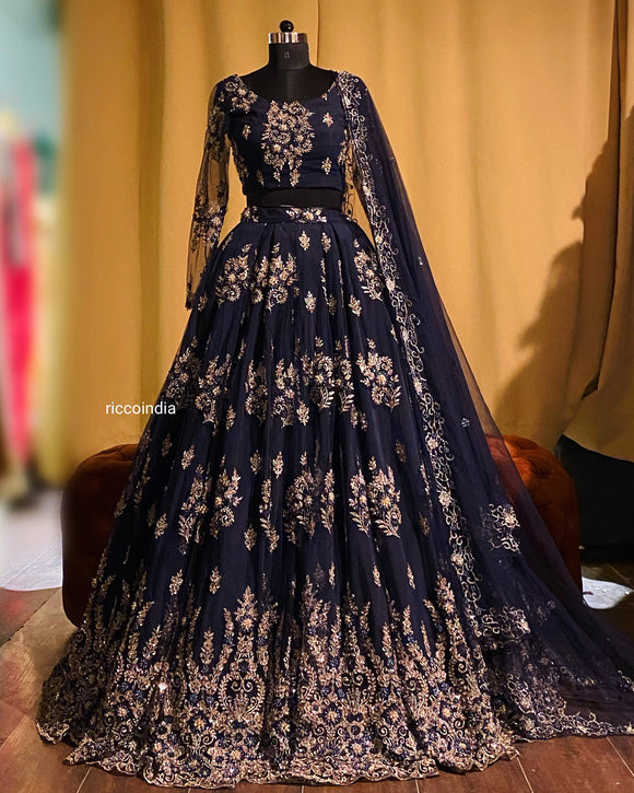 Navy blue flared lehenga with beadwork