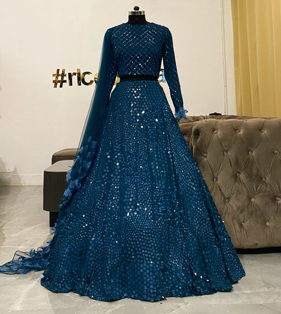 Teal sequins work lehenga