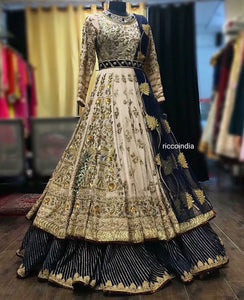 Beige and blue heavy embroidery Anarkali gown