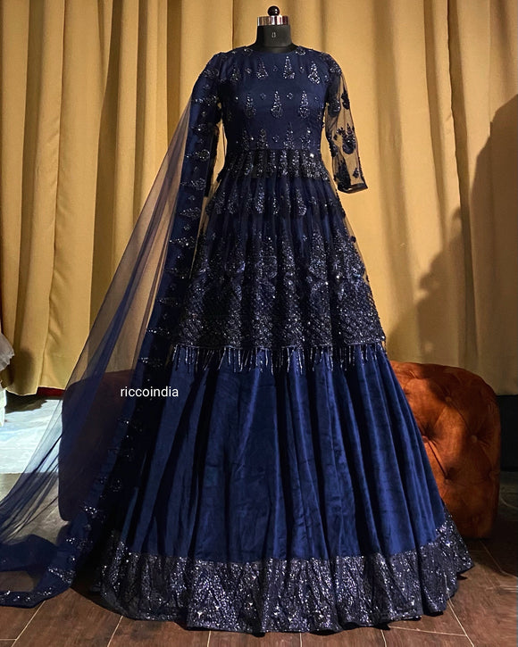 Blue peplum suede lehenga