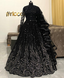 Black and silver lehenga with structured frill dupatta