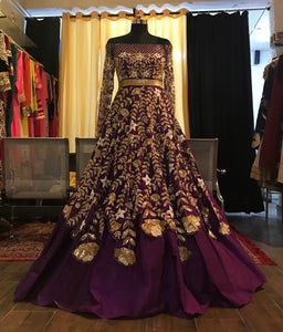 Purple off shoulder layered cocktail gown