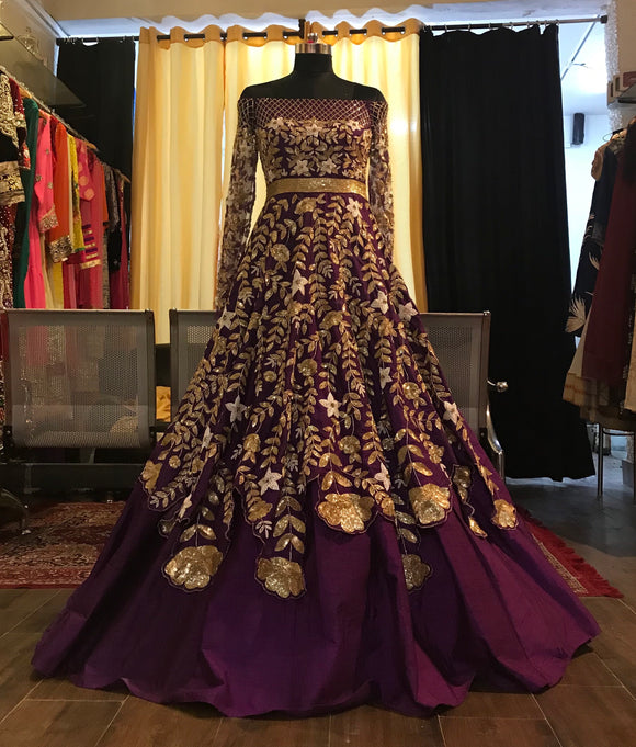 Purple off shoulder layered cocktail gown