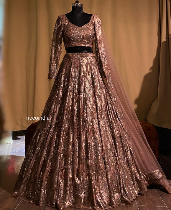 Copper sequins work lehenga with feather detail