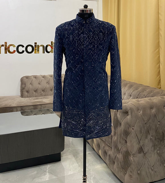 Fully beaded blue sherwani with cut Dana work