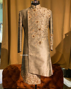 Grey Indowestern sherwani with gold zardosi work
