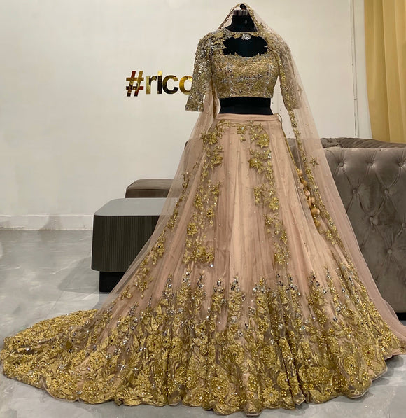 Rose gold train lehenga with mirror and dori work