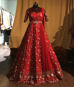 Red belted Anarkali gown