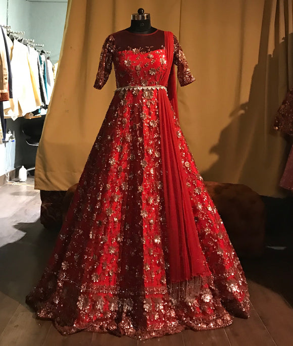 Red belted Anarkali gown
