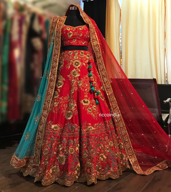 Pakistani Bridal Wear - Bright Red Scalloped Maxi - Lehenga Dupatta
