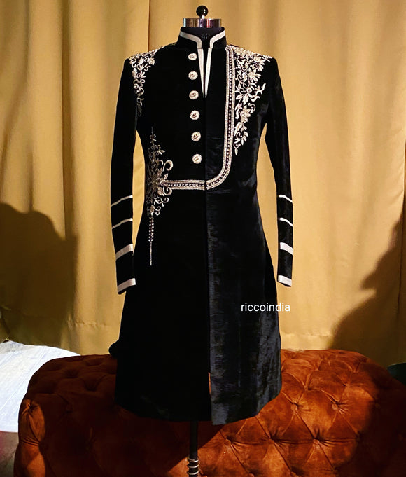 Black velvet sherwani with silver crystal embroidery