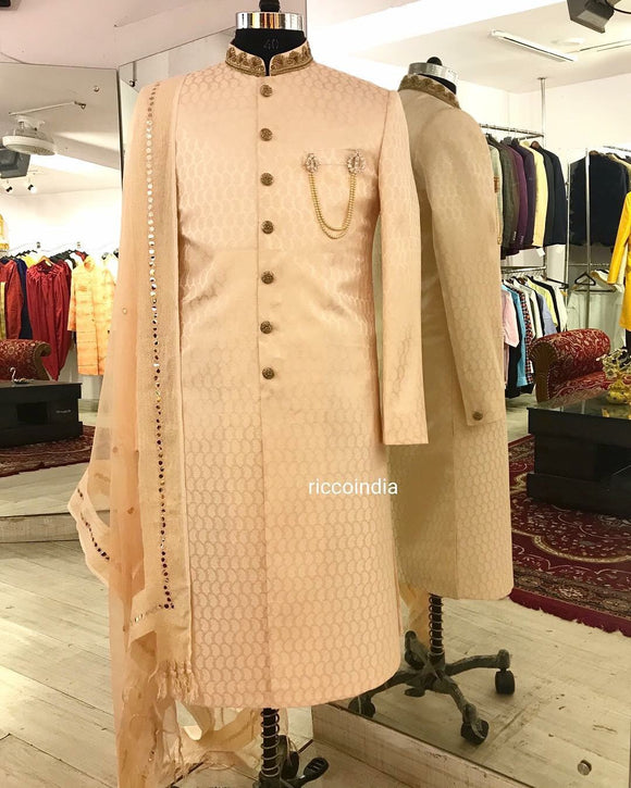 Pink brocade sherwani with embroidered collar