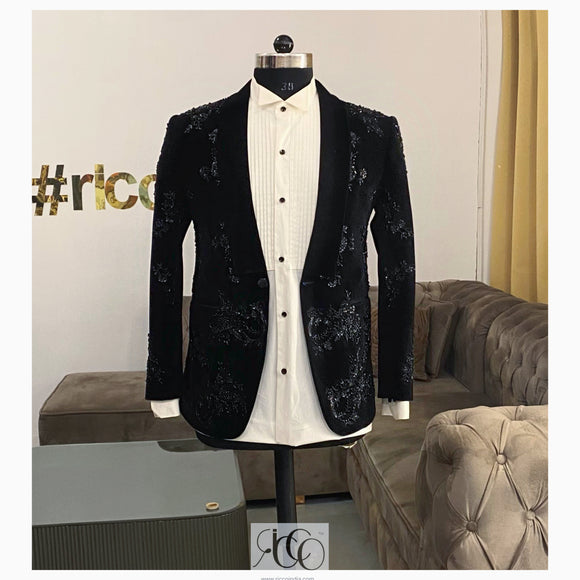 Black suede tuxedo with black beadwork and pin tucks tuxedo shirt