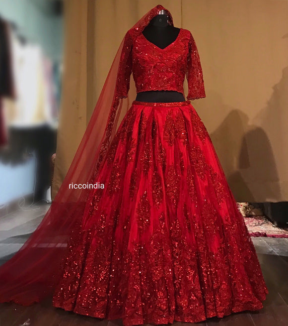 Heavy flared Red beadwork lehenga