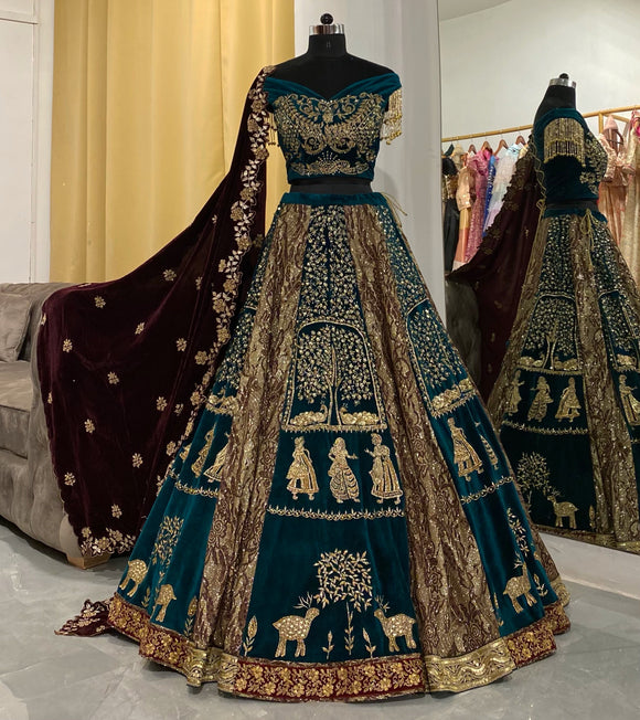 Turquoise velvet Lehenga