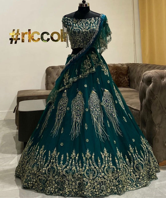 Structured lehenga with peacock embroidery and frilled dupatta