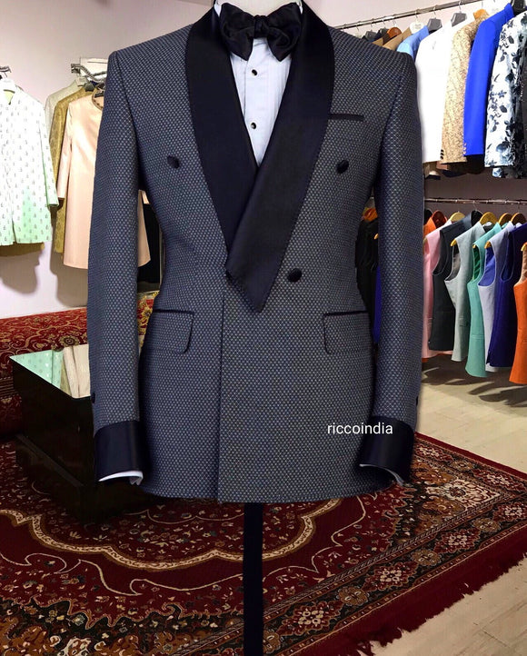 Checkered Italian suiting fabric tuxedo with triangular collar
